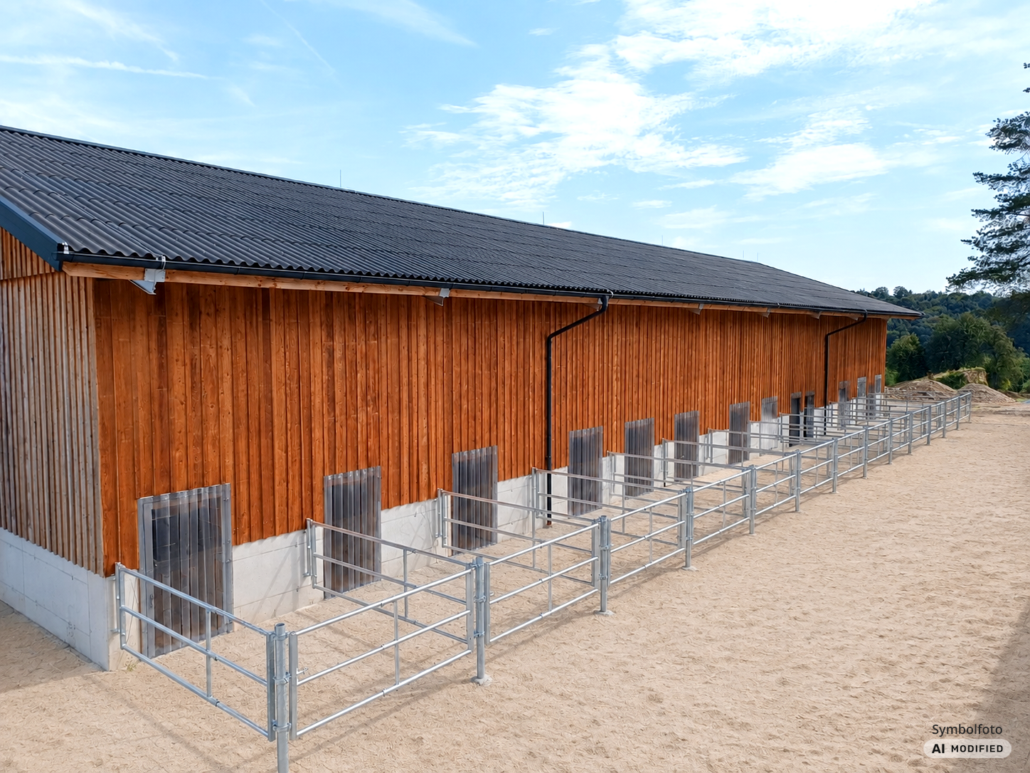 [KI-bearbeitet] Fotorealistische Vorschau der modernen Außenanlage mit Sandpaddocks vor den neuen Holz-Paddockboxen des Pferdebetriebs.