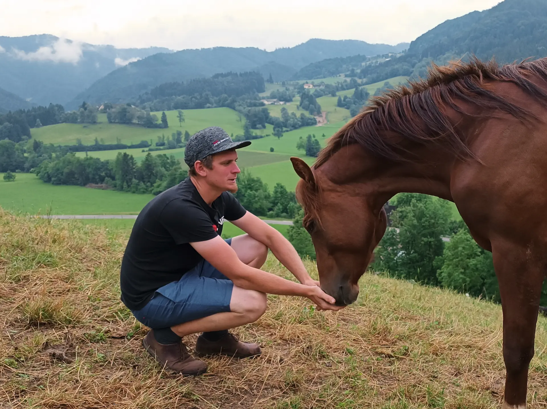 Mann sitzt auf einer Wiese neben einem braunen Pferd vor einer hügeligen Berglandschaft